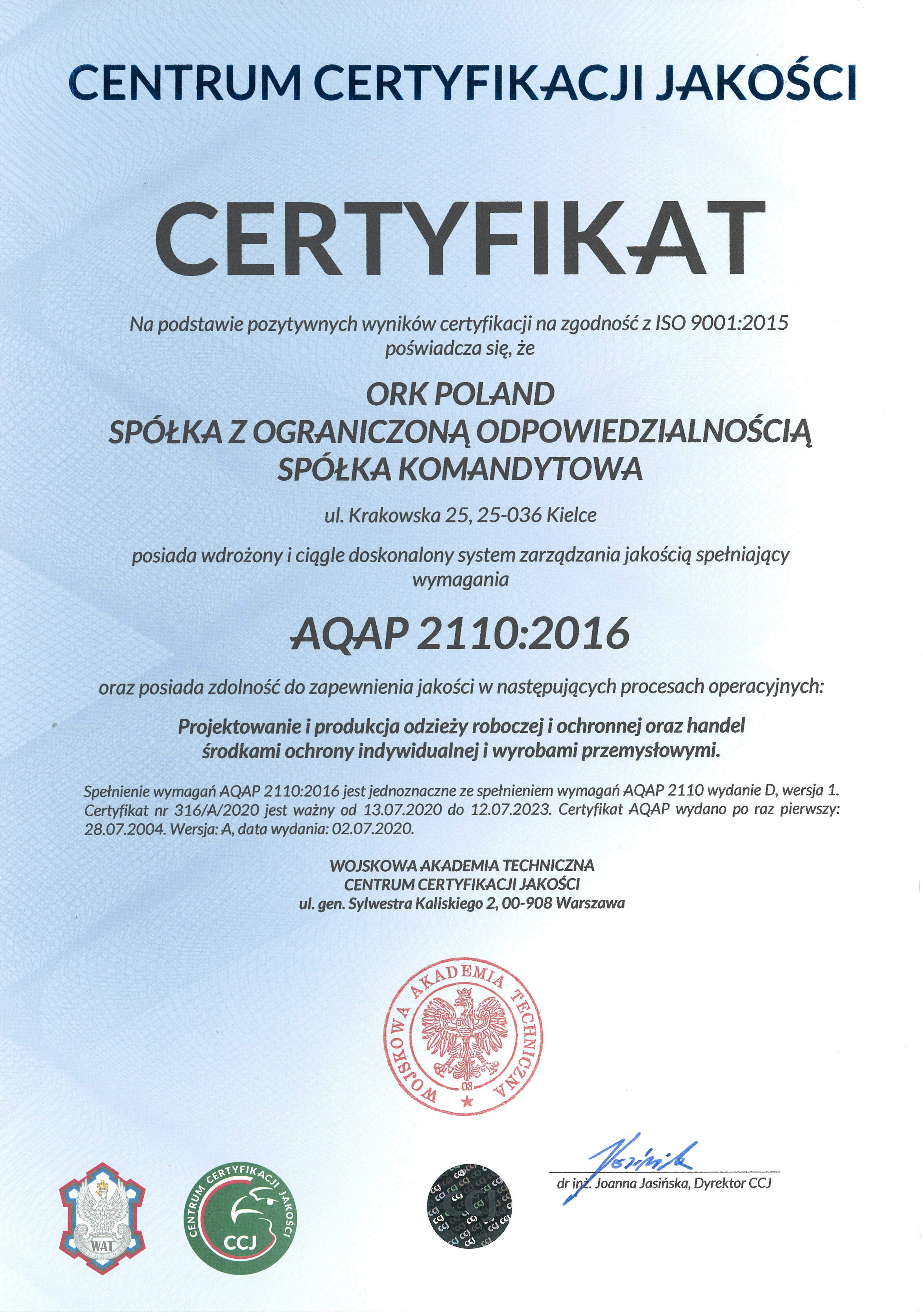 Certyfikat AQAP 2110:2016 - ORK POLAND