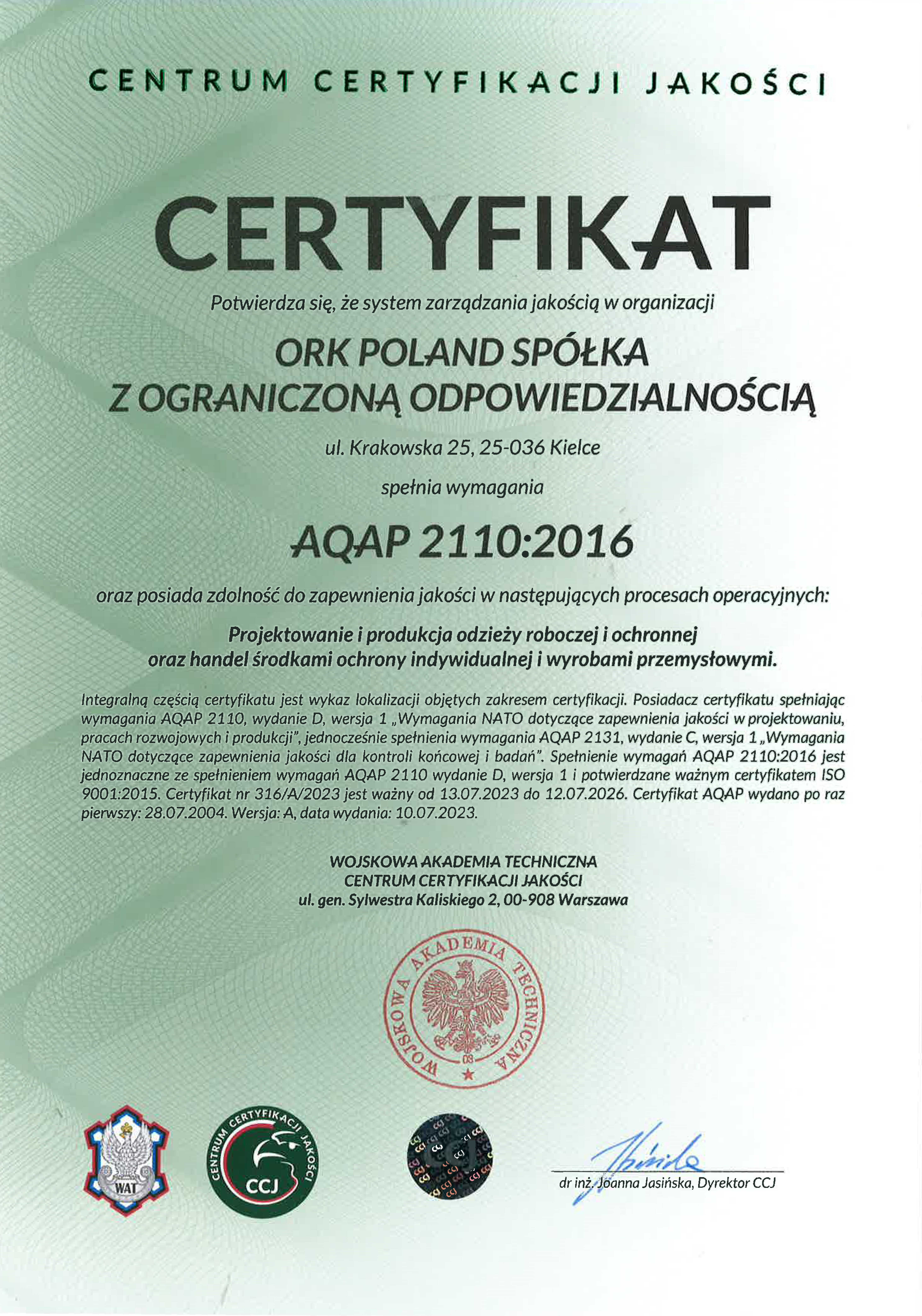 Certyfikat AQAP 2110:2016 - ORK POLAND