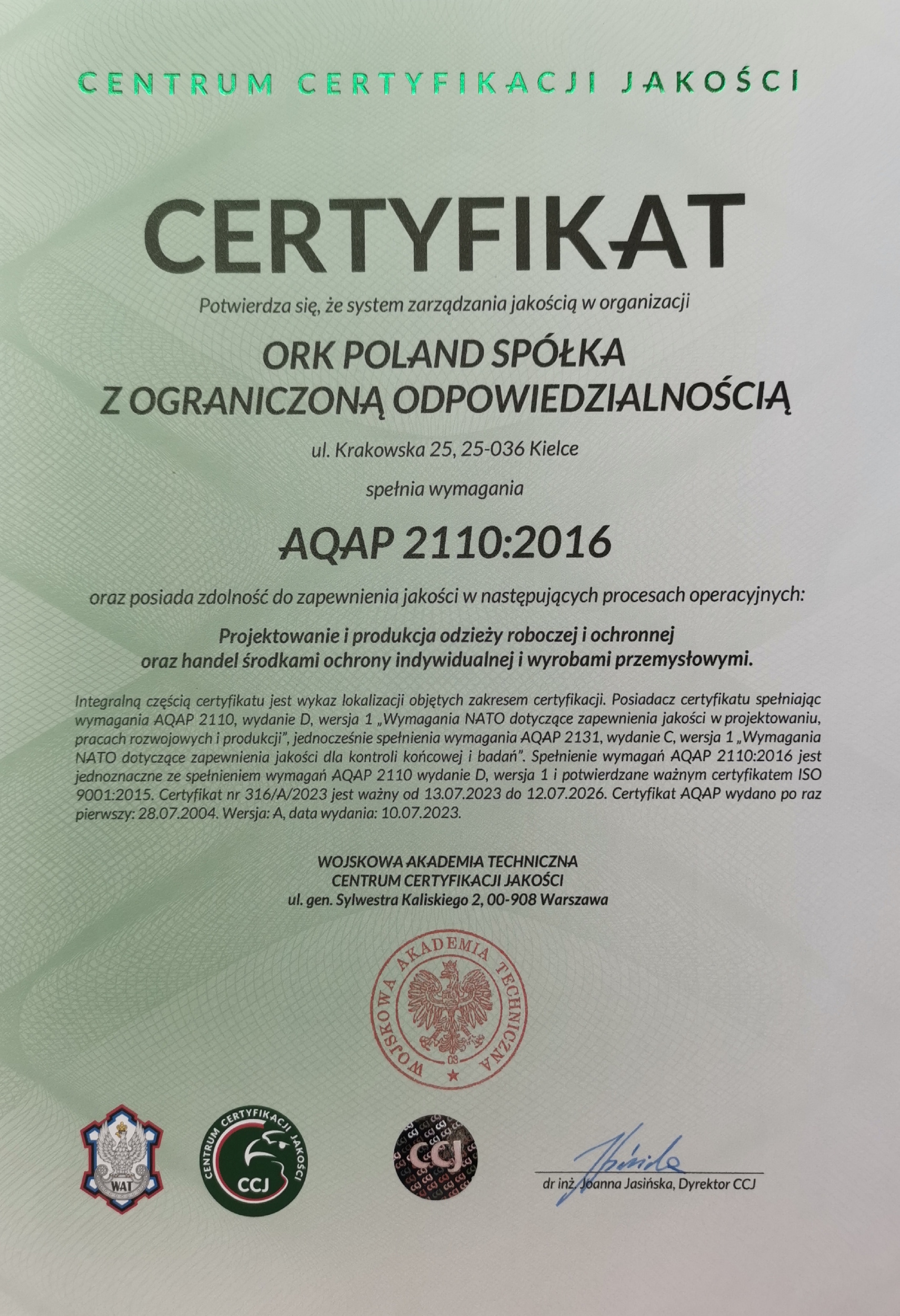 Certyfikat AQAP 2110:2016 - ORK POLAND