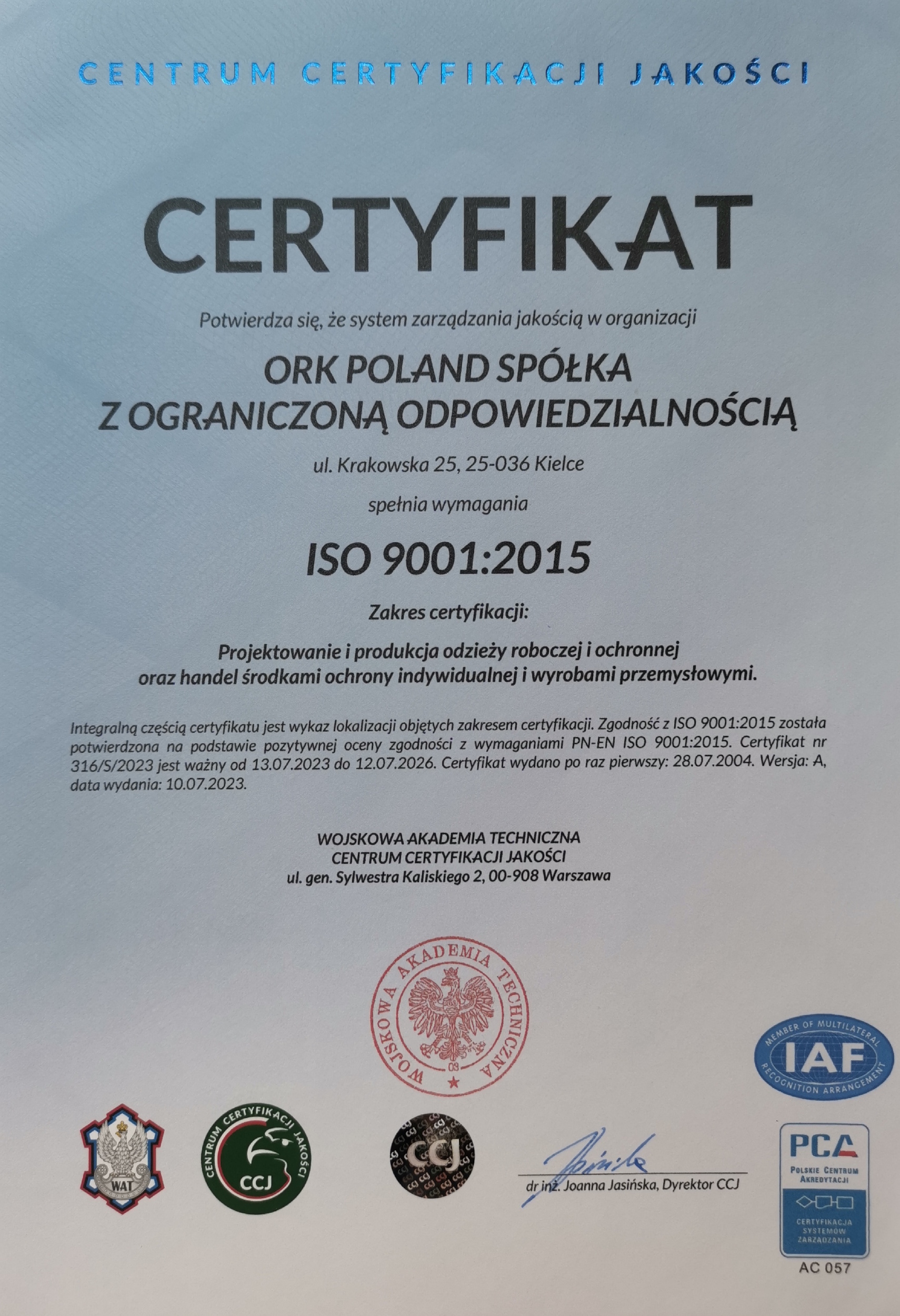 Certyfikat ISO 9001:2015 - ORK POLAND