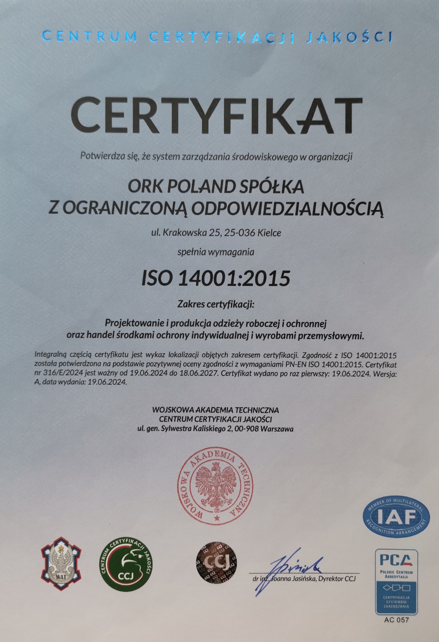 Certyfikat ISO 14001:2015 pt.1 - ORK POLAND