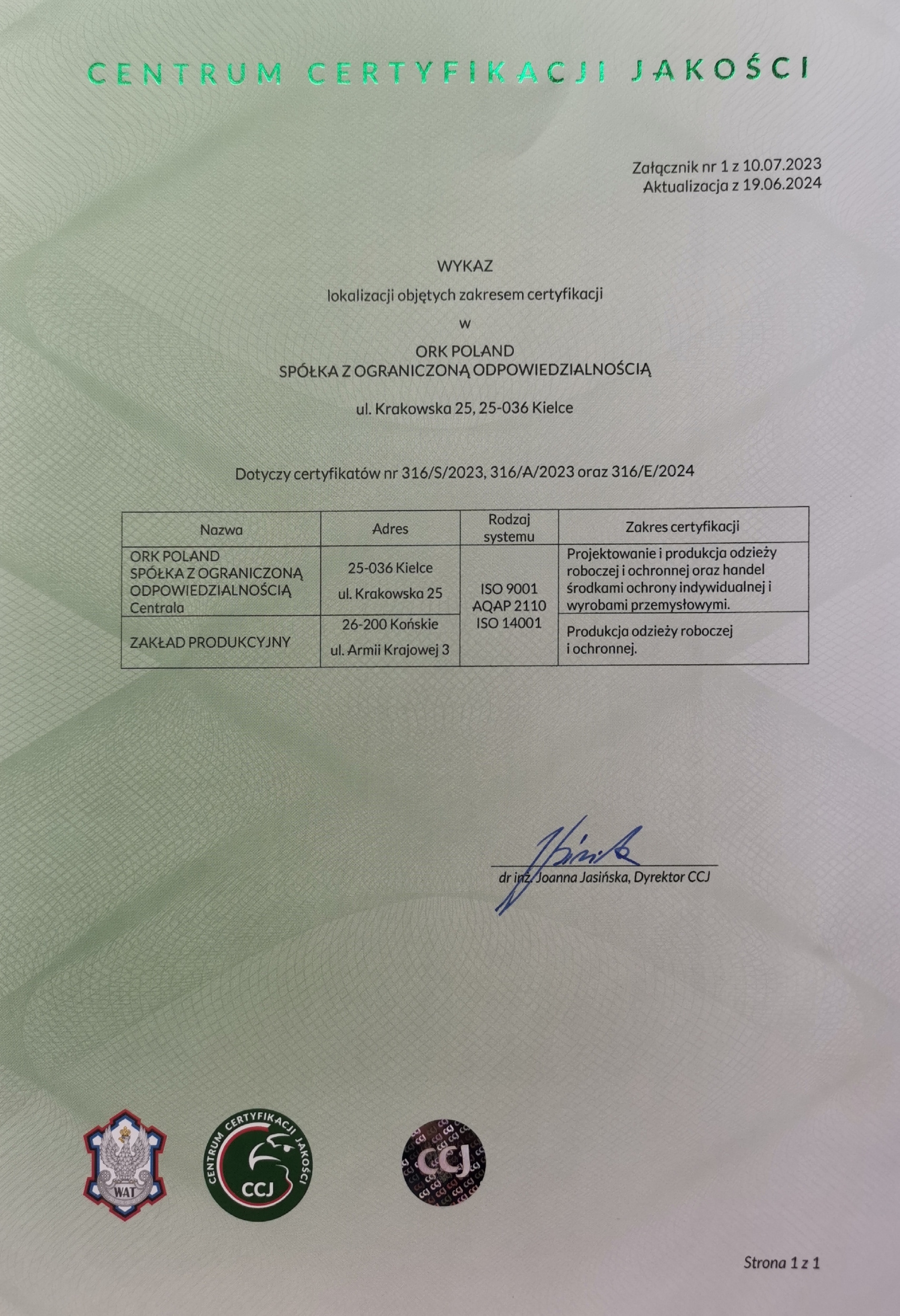 Certyfikat ISO 14001:2015 pt.2 - ORK POLAND